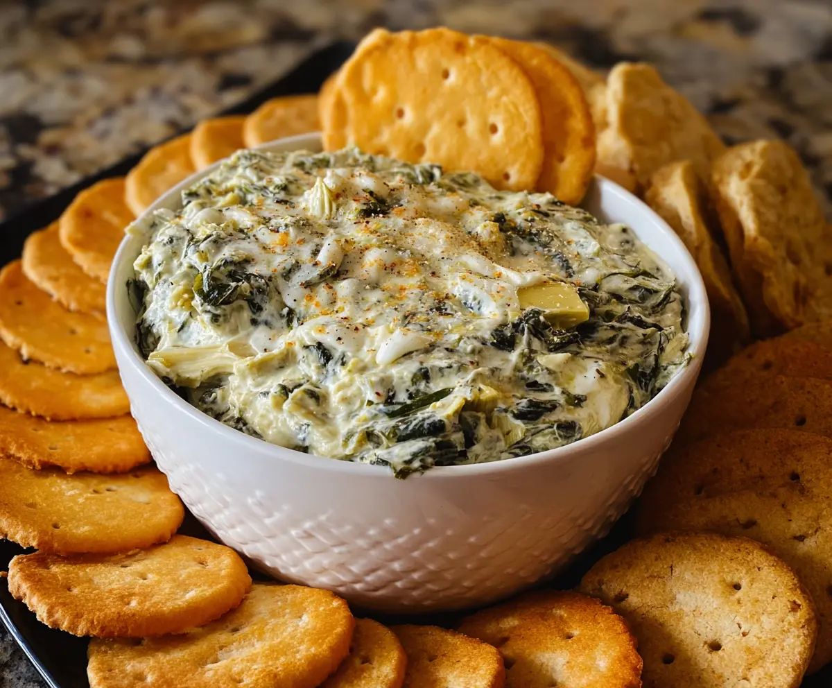 Creamy crockpot spinach and artichoke dip served in a bowl, perfect for parties.