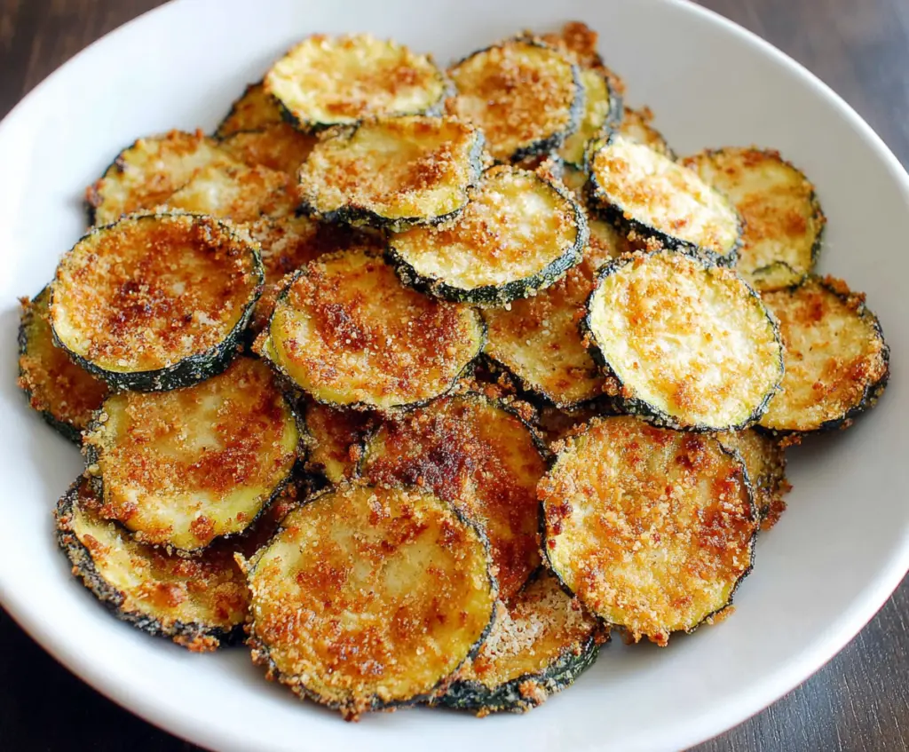 Crispy baked zucchini chips seasoned with herbs on a white plate.