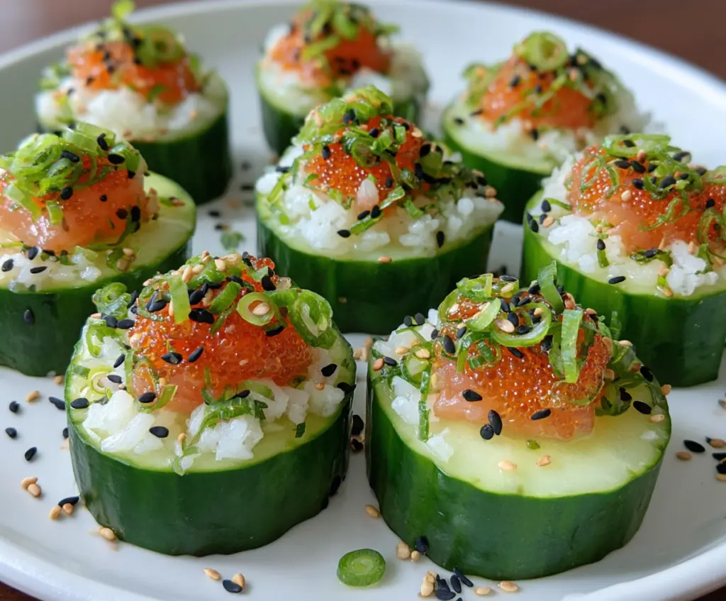 Fresh cucumber sushi bites garnished with sesame seeds on a white plate, perfect for a light snack or appetizer.
