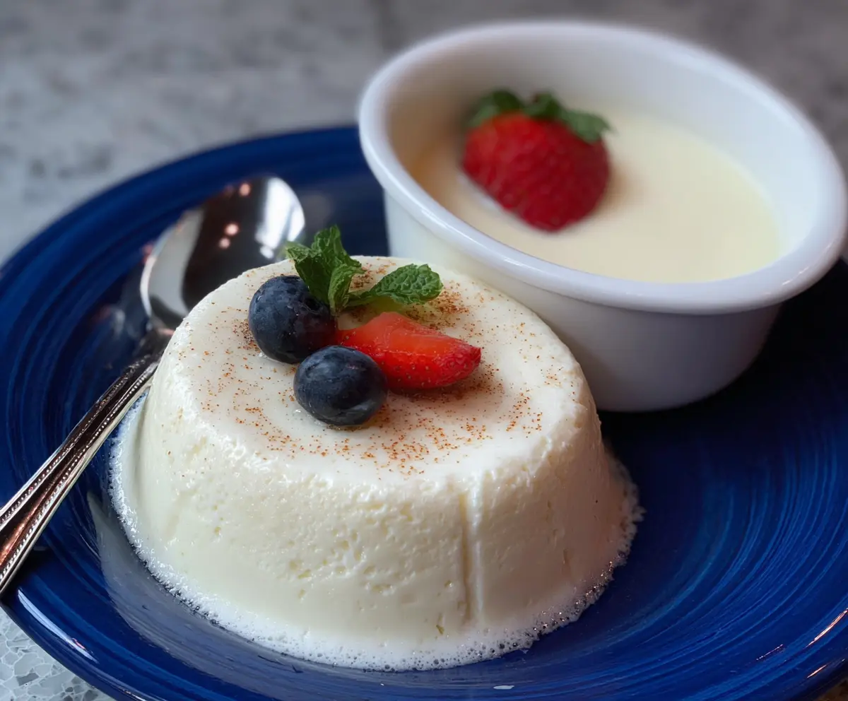 Creamy egg white pudding garnished with fresh fruits and mint.
