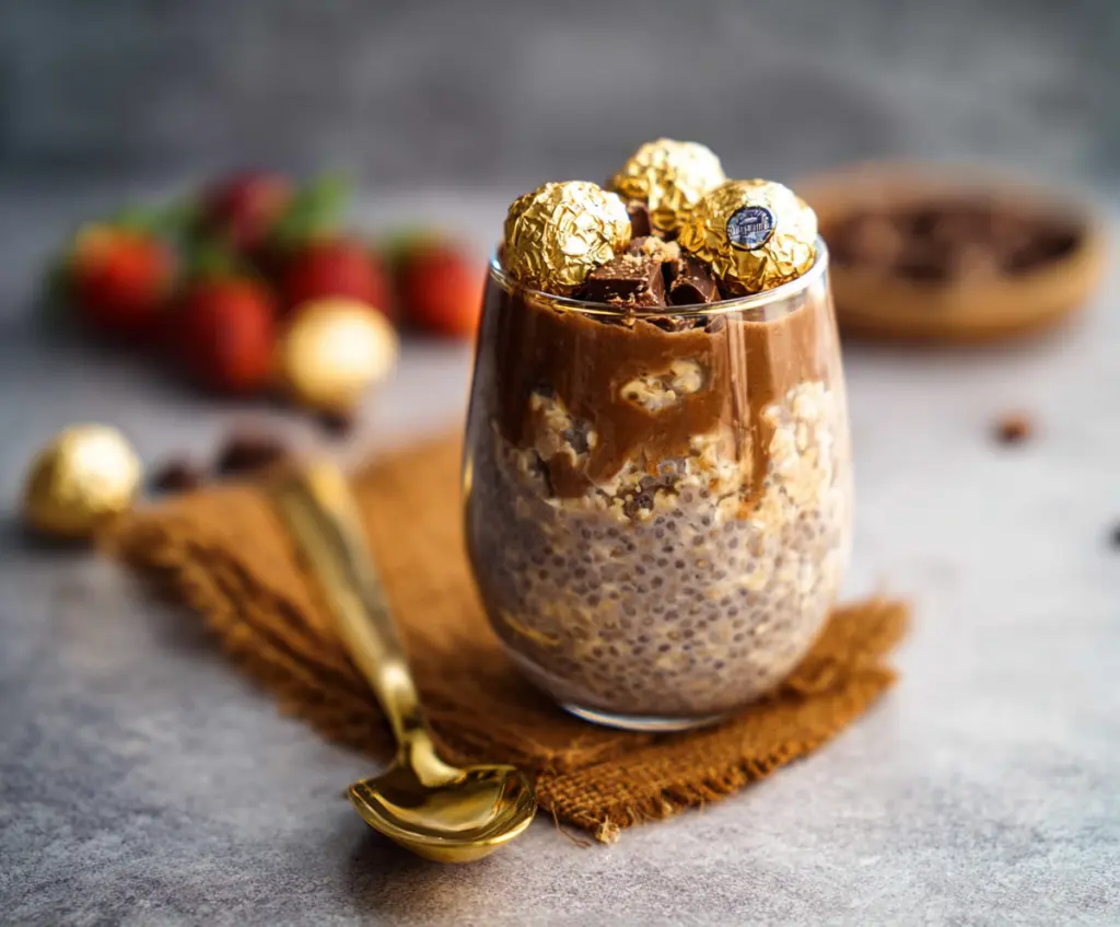 Creamy Ferrero Rocher Overnight Oats topped with chocolate and hazelnuts in a glass jar