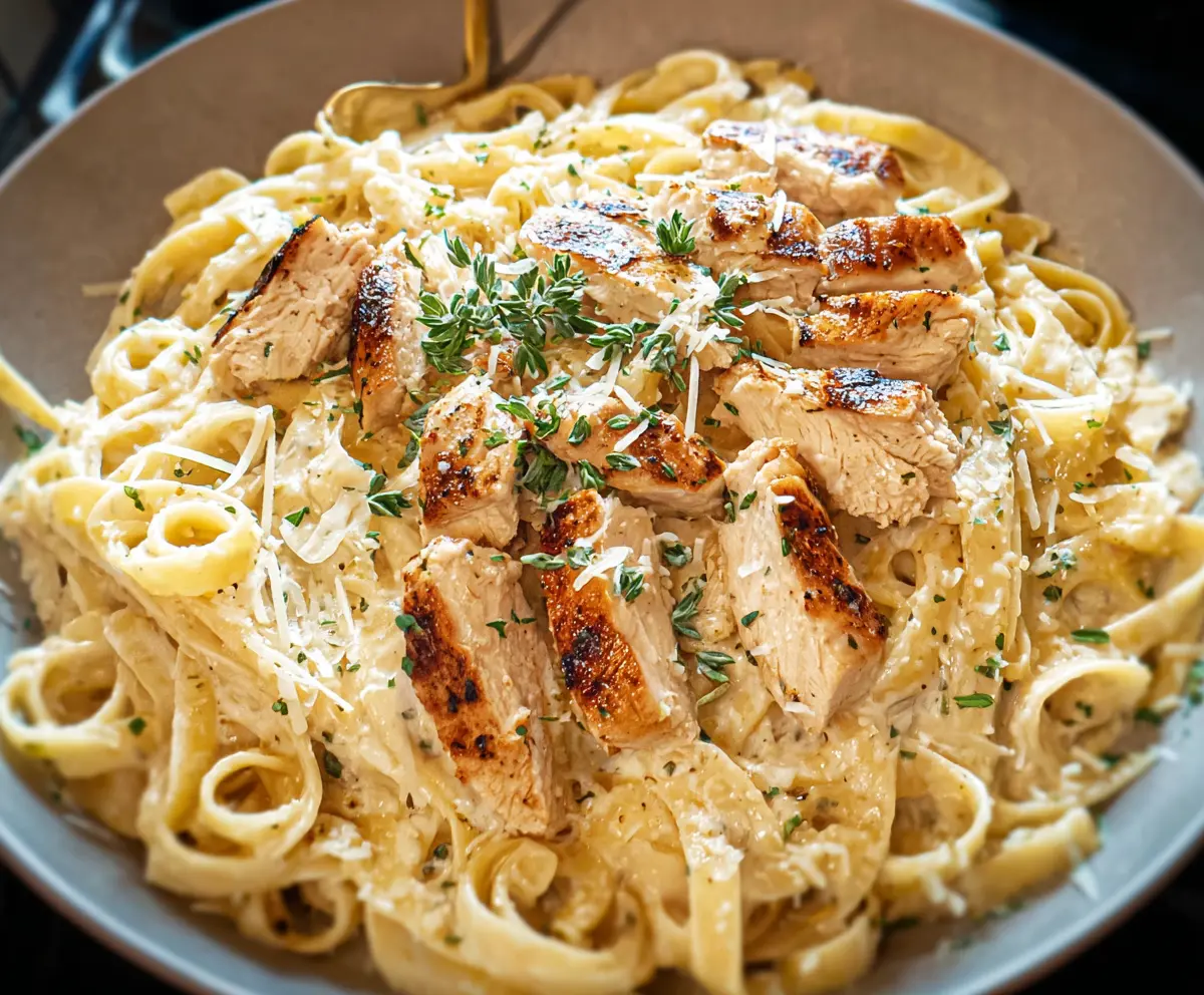 Creamy Fettuccine Alfredo with tender grilled chicken slices served on a white plate.