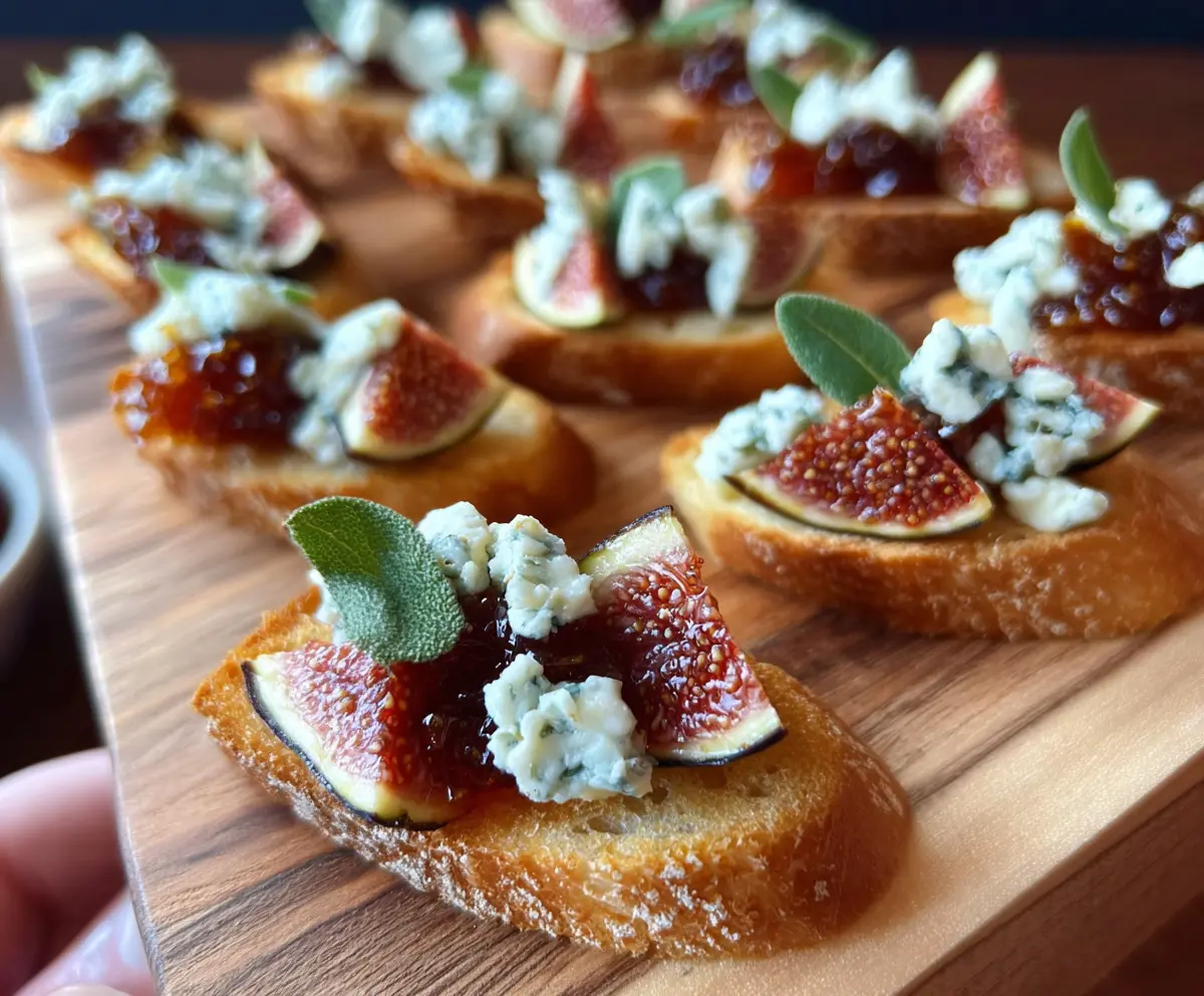 Delicious Fig and Blue Cheese Crostini with fresh figs and creamy blue cheese on toasted bread.