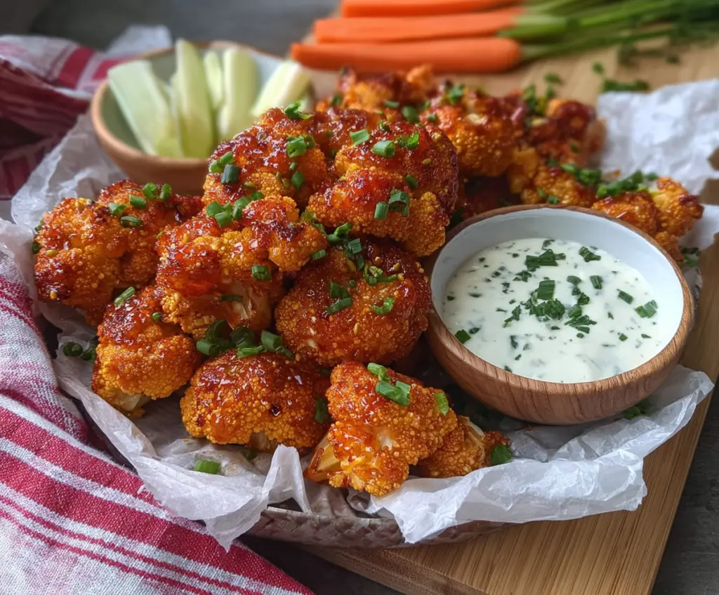 Spicy and crispy Firecracker Cauliflower Bites served on a white plate with dipping sauce.