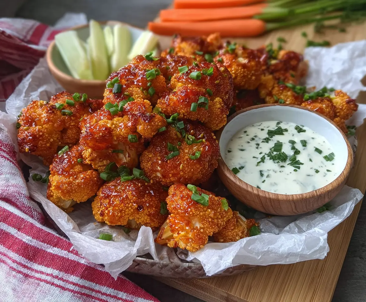 Spicy and crispy Firecracker Cauliflower Bites served on a white plate with dipping sauce.