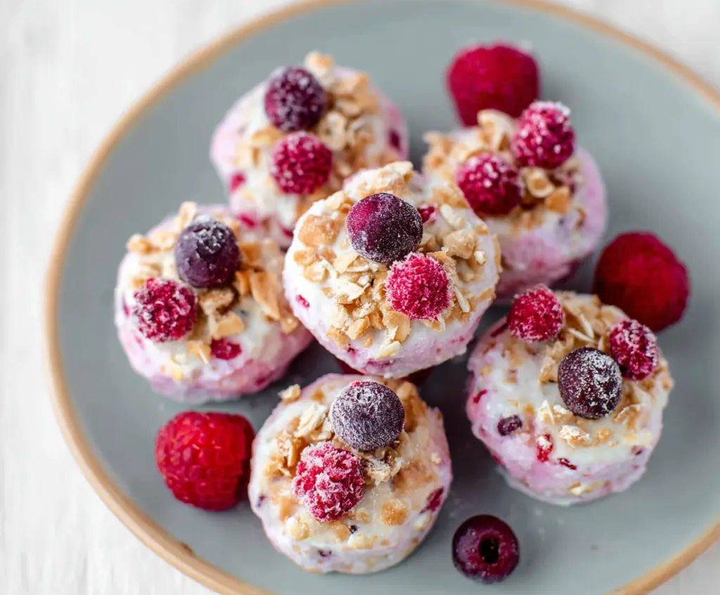 Frozen Greek Yogurt Bites served on a white plate with blueberries and honey drizzle.