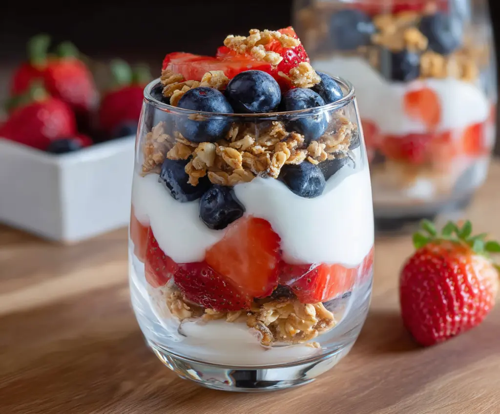 Delicious fruit and yogurt parfait layered with fresh berries, granola, and creamy yogurt for a healthy breakfast