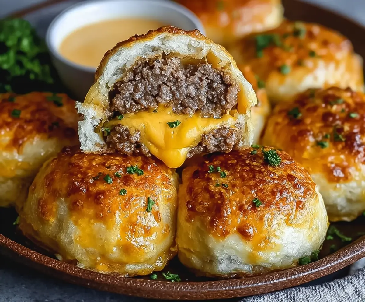 Delicious Garlic Parmesan Cheeseburger Bombs with melted cheese and crispy garlic topping.