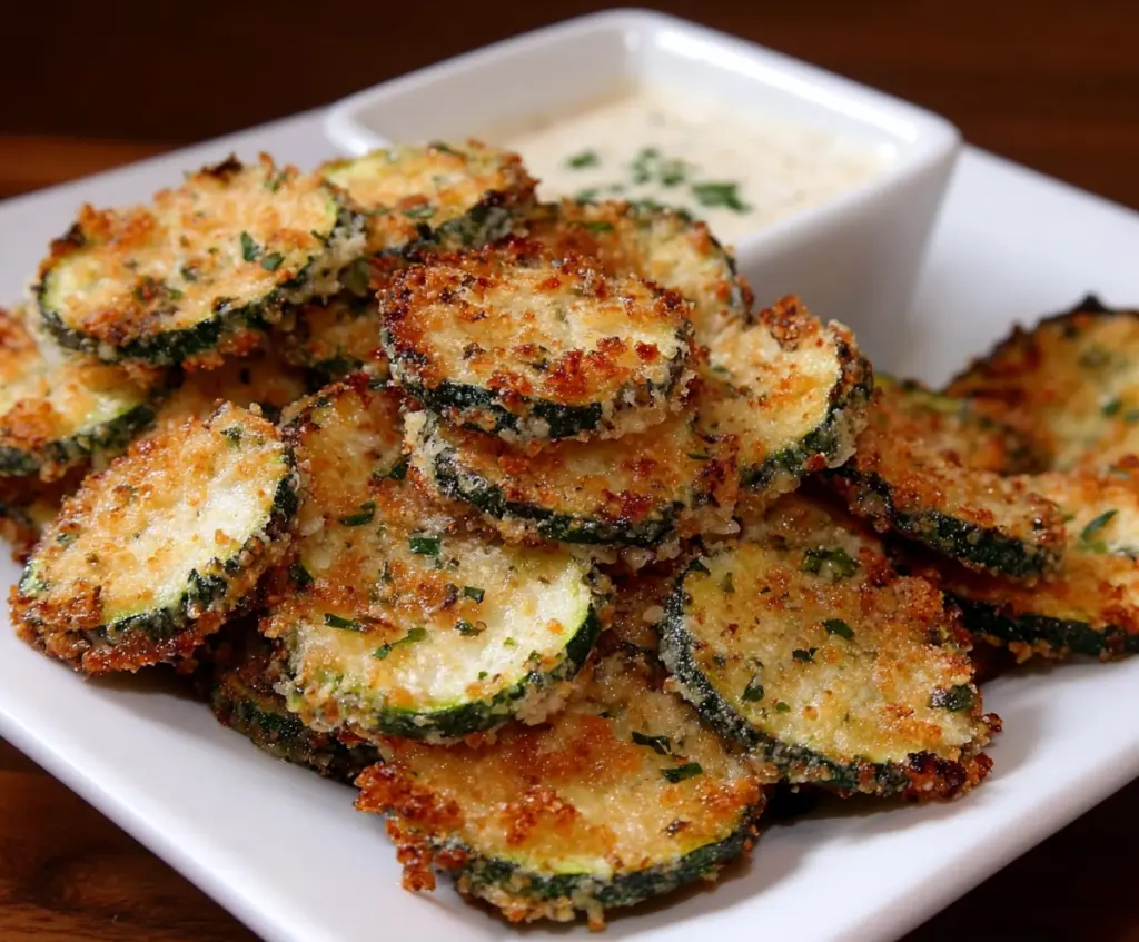 Crispy Garlic Parmesan Zucchini Chips on a white plate, garnished with fresh herbs