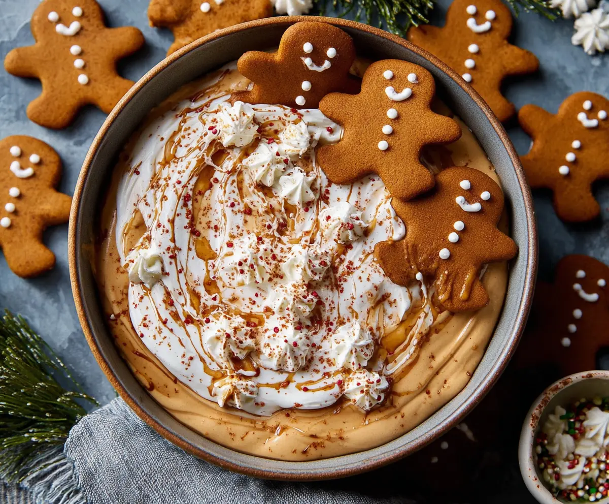 Creamy gingerbread cheesecake dip served with cookies and graham crackers for a festive treat.