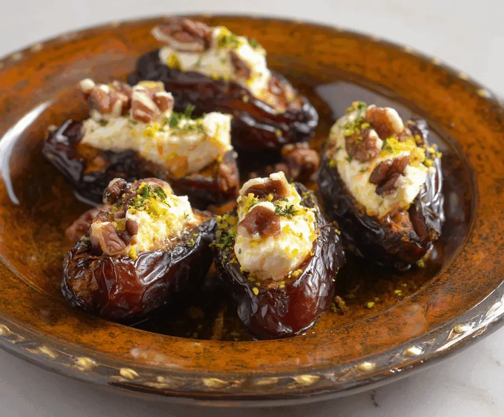 Delicious goat cheese stuffed dates garnished with herbs for a tasty appetizer.