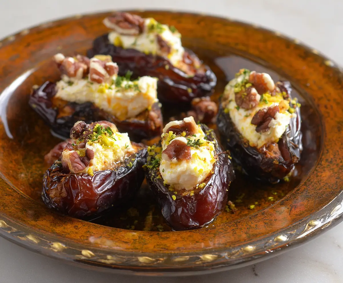 Delicious goat cheese stuffed dates garnished with herbs for a tasty appetizer.