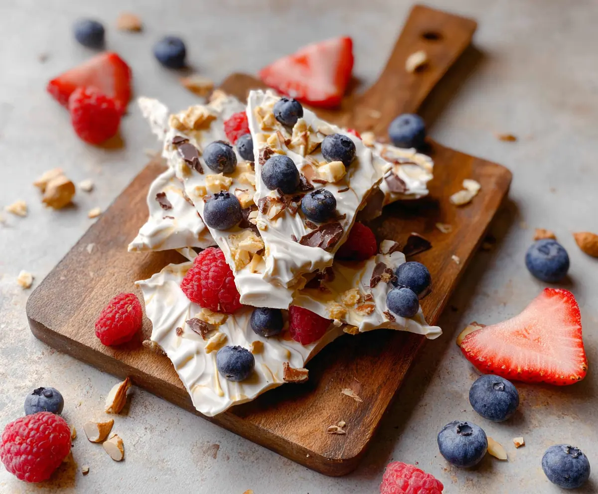 Healthy Greek Yogurt Protein Bark with nuts and berries on a white plate