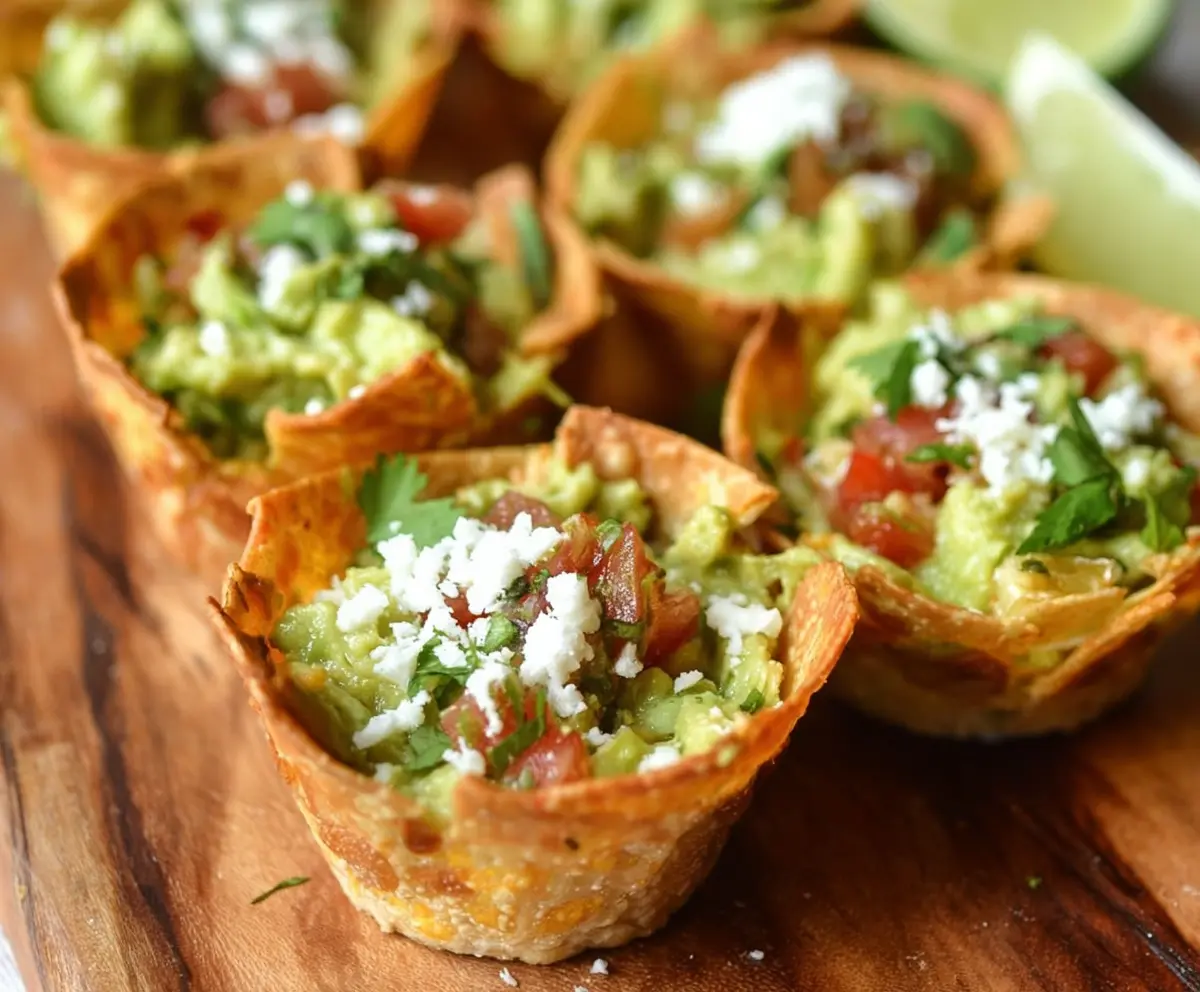 Delicious guacamole served in crispy cups, perfect for appetizers and party snacks.
