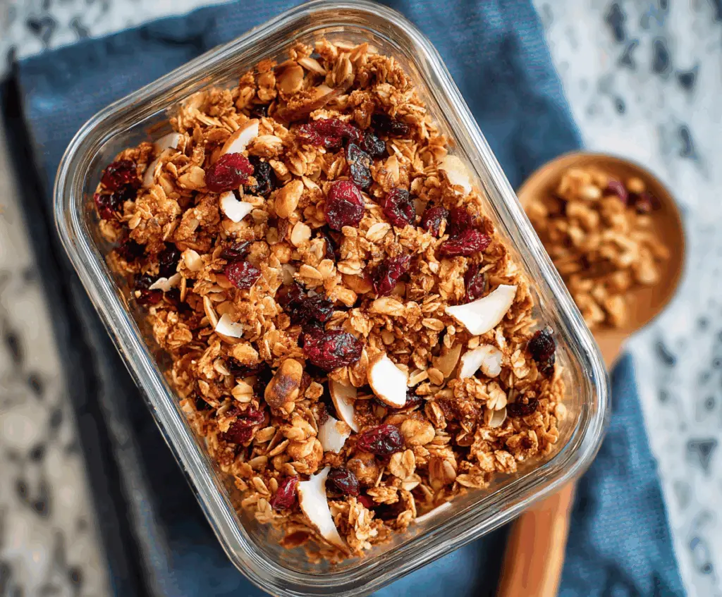 Bowl of homemade healthy granola with nuts and dried fruits