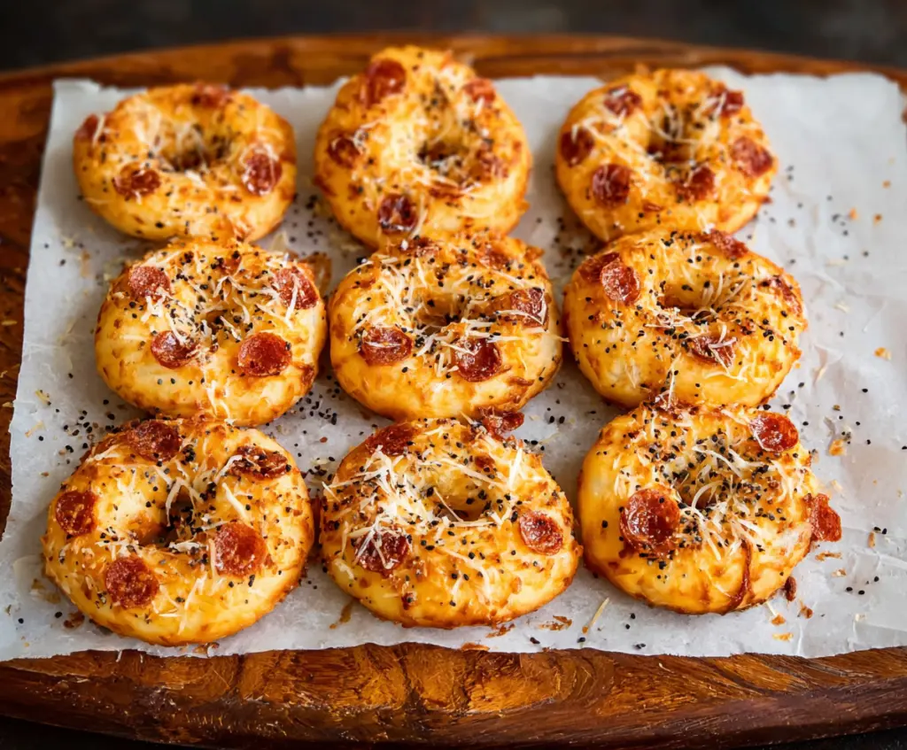 Delicious homemade Bagel Bites topped with cheese and herbs, ready to enjoy.