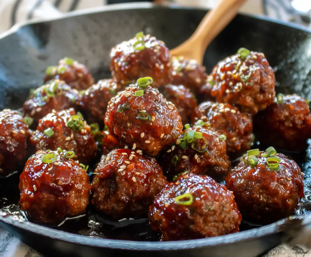 Delicious honey sriracha meatballs served on a plate garnished with fresh herbs.