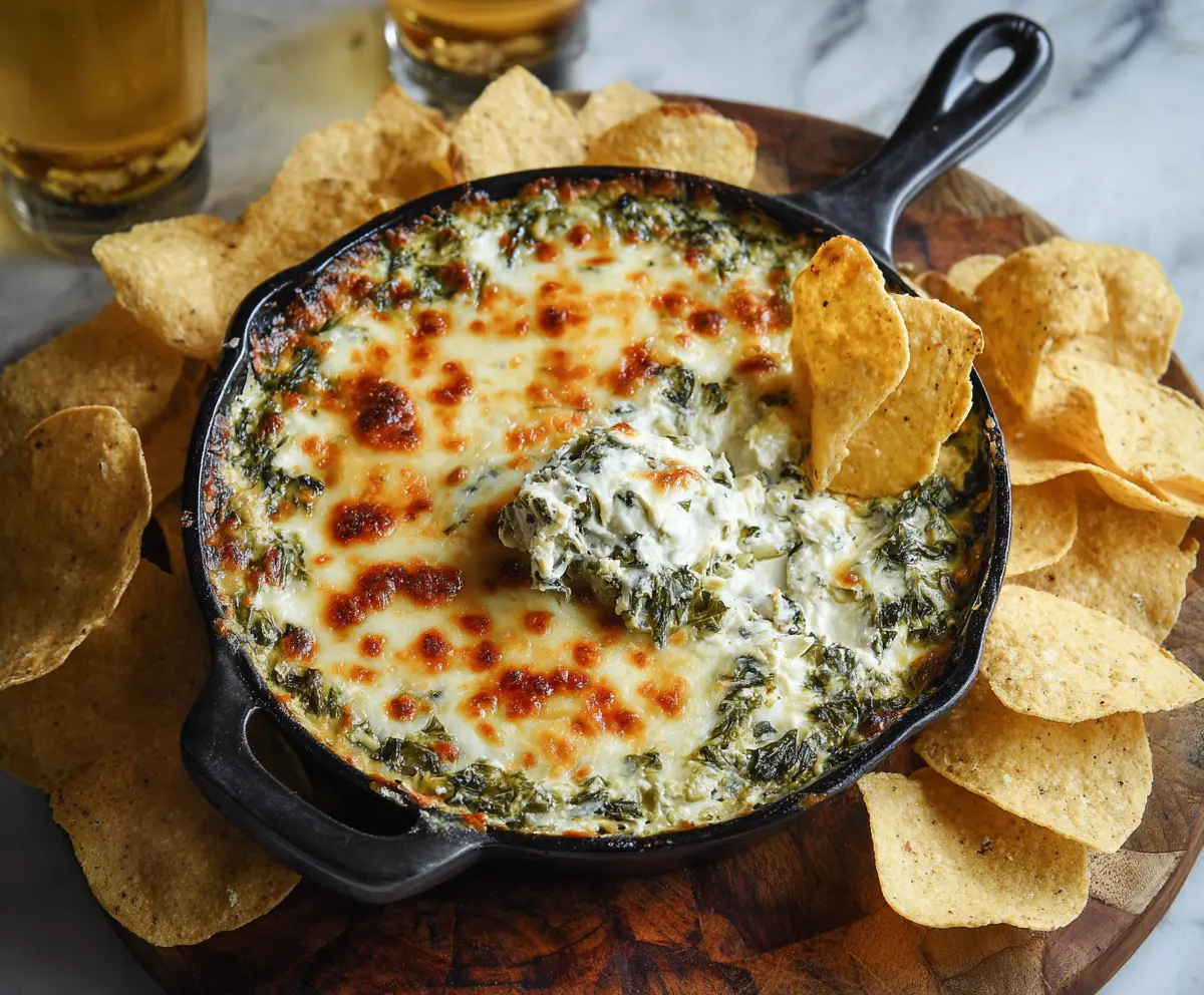 Creamy hot spinach artichoke dip served with crispy bread slices, perfect for appetizer enjoyment.