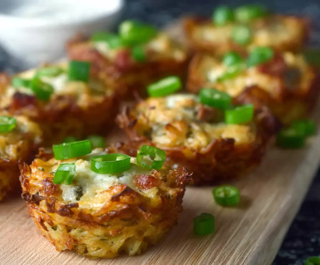 Tasty Jalapeno Popper Hash Brown Cups filled with cheesy jalapenos served hot on a plate.