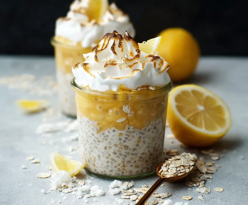 Creamy Lemon Meringue Pie Overnight Oats topped with fluffy meringue and lemon zest in a glass jar.