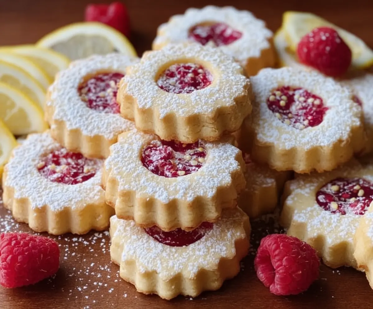 Delicious lemon raspberry shortbread cookies garnished with fresh raspberries and a lemon twist.