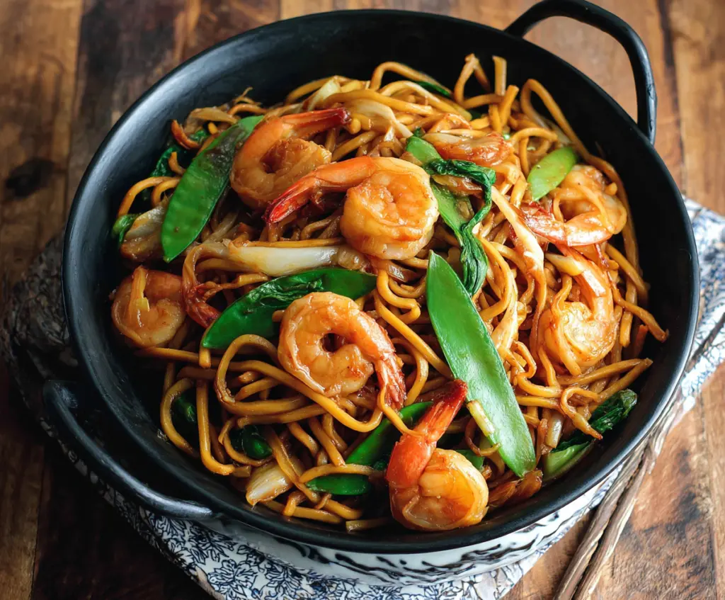 Delicious shrimp lo mein served with colorful vegetables and flavorful sauce.