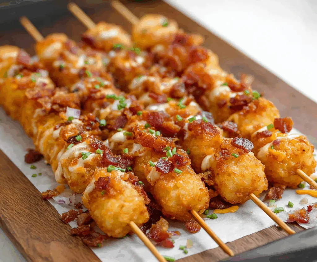 Loaded Tater Tot Skewers topped with cheese, bacon, and green onions on a platter.