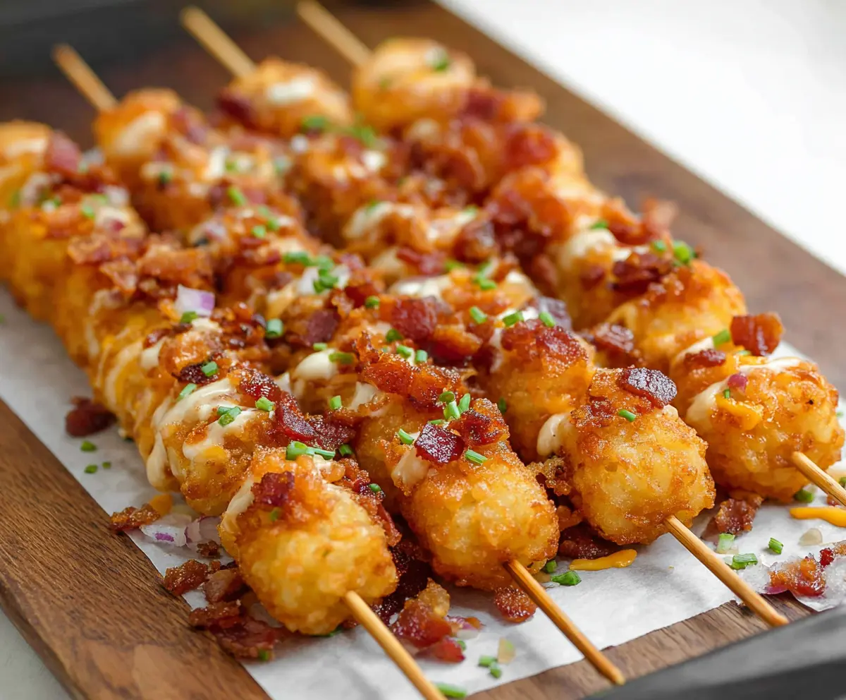 Loaded Tater Tot Skewers topped with cheese, bacon, and green onions on a platter.