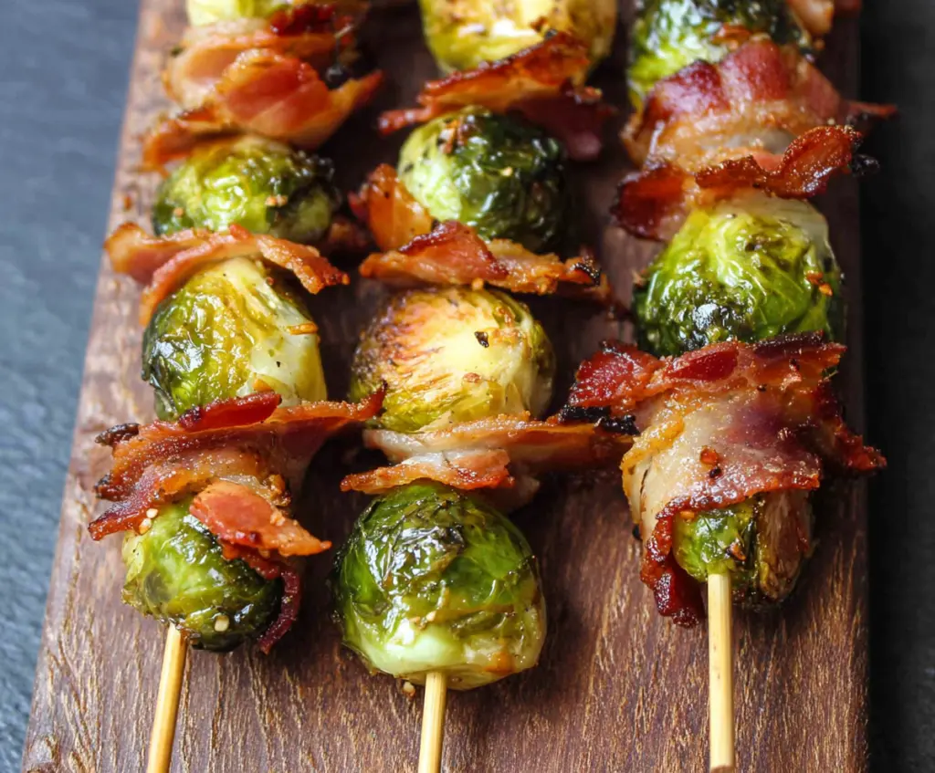 Delicious Maple Bacon Brussels Sprout Skewers featuring crispy bacon and glazed Brussels sprouts perfect for entertaining