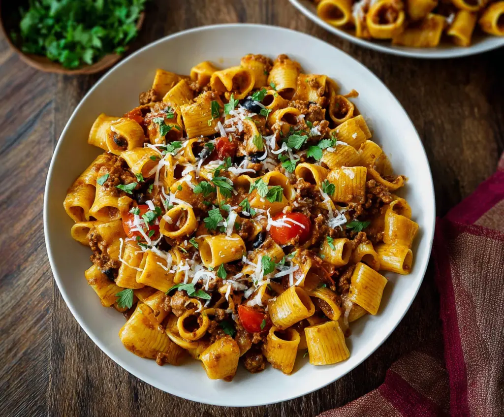 Delicious Mexican Pasta with vibrant vegetables and seasoned sauce on a white plate.