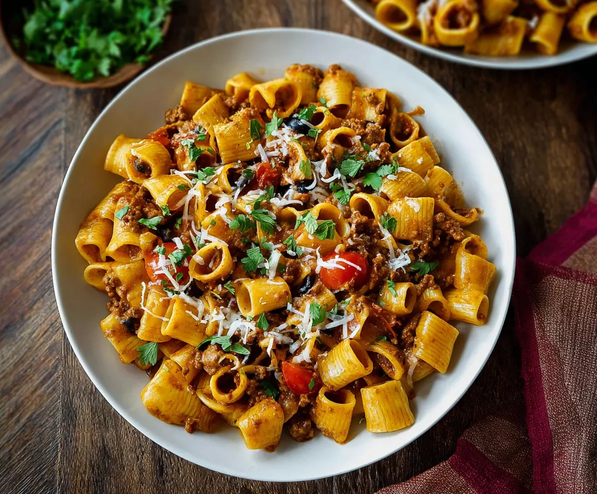 Delicious Mexican Pasta with vibrant vegetables and seasoned sauce on a white plate.