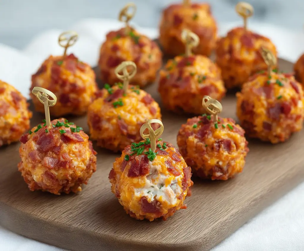 Delicious Mini Bacon Ranch Cheeseballs garnished with fresh herbs on a rustic plate.