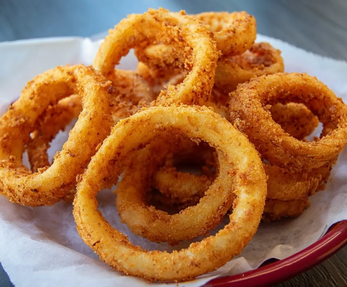 Crispy golden onion rings served with a side of dipping sauce.