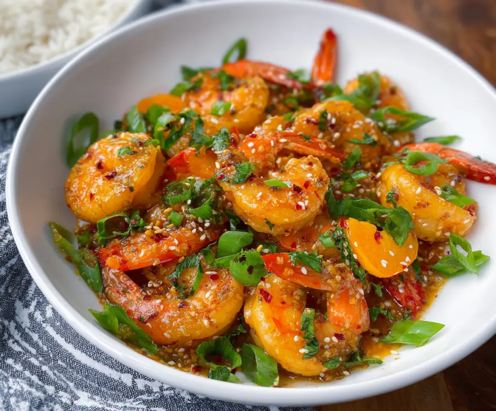 Delicious orange chili garlic shrimp served on a plate, garnished with fresh herbs.