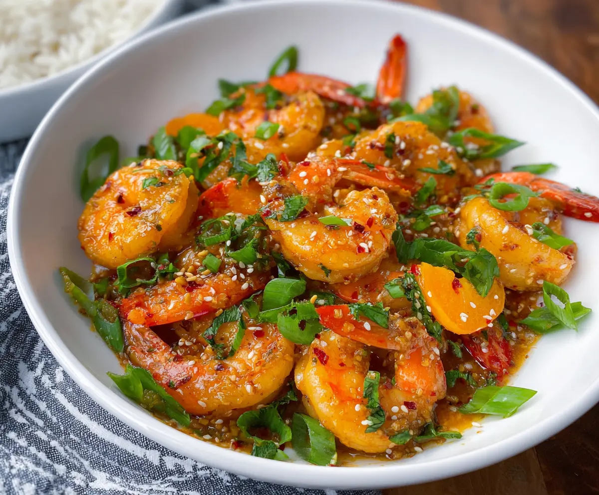 Delicious orange chili garlic shrimp served on a plate, garnished with fresh herbs.