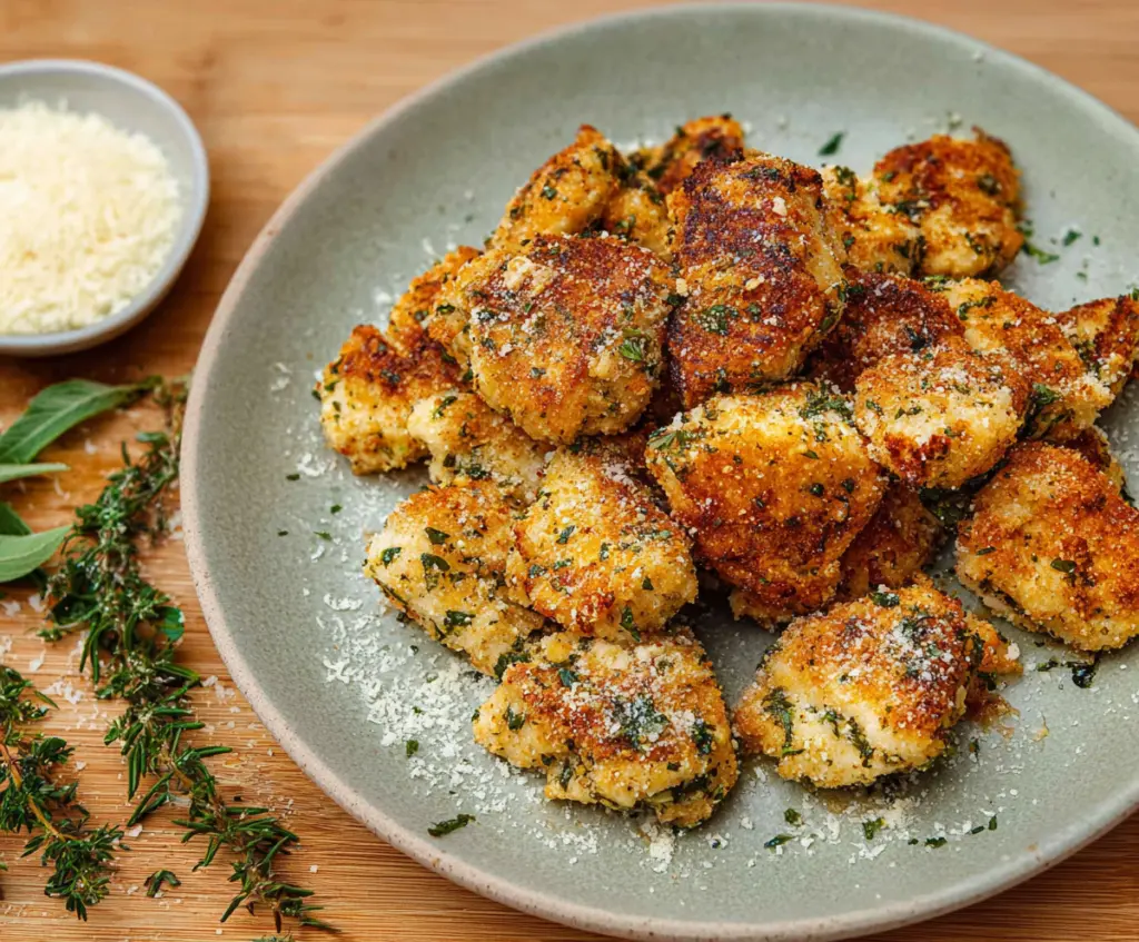 Golden crispy Parmesan herb chicken bites on a white plate garnished with fresh herbs.