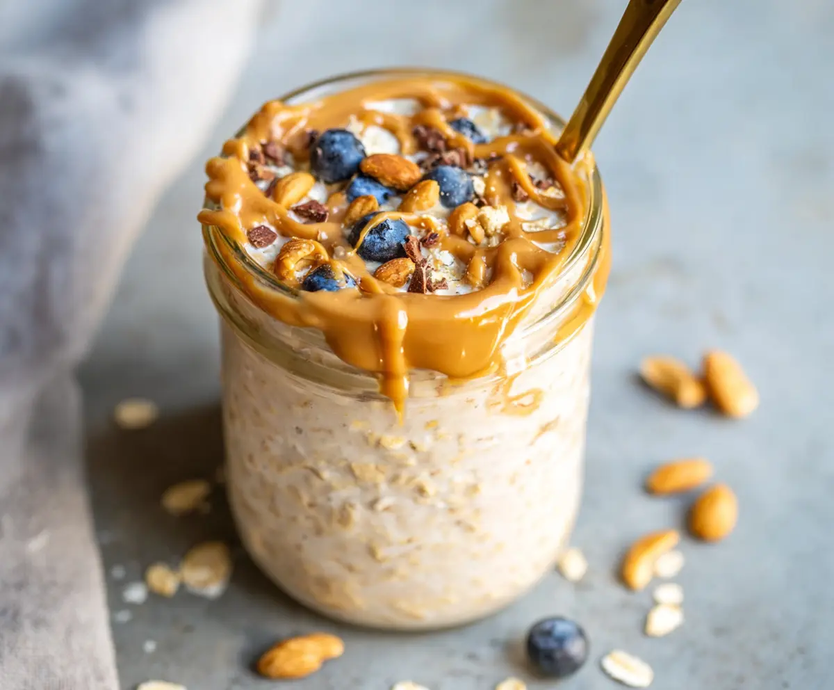Creamy peanut butter overnight oats in a glass jar topped with fresh berries and chia seeds for a healthy breakfast