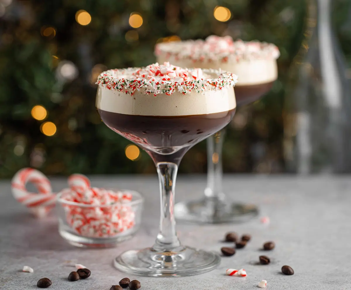 Delicious Peppermint Espresso Martini cocktail garnished with a peppermint stick and mint leaves on a stylish bar table.