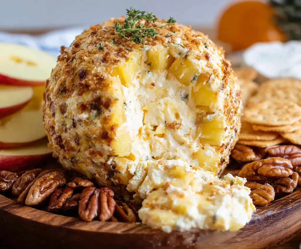 Delicious pineapple cheese ball appetizer served with crackers and fresh pineapple slices.