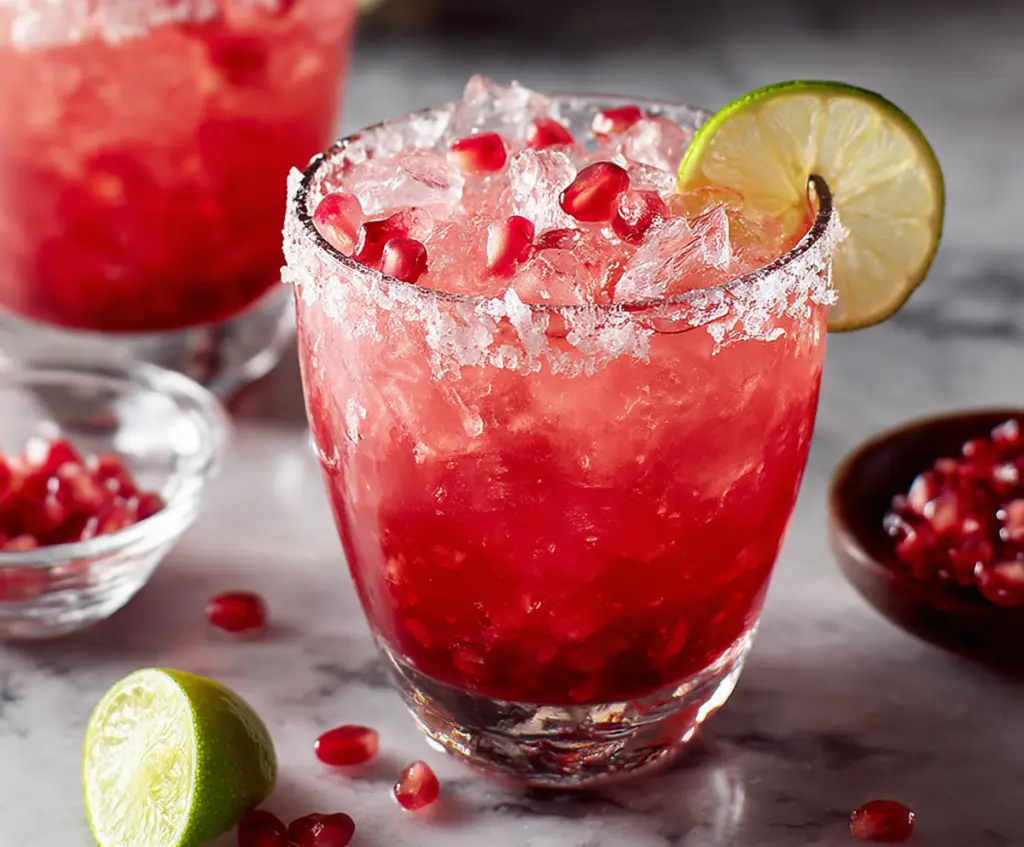 Refreshing Pomegranate Margarita in a glass garnished with lime and pomegranate seeds
