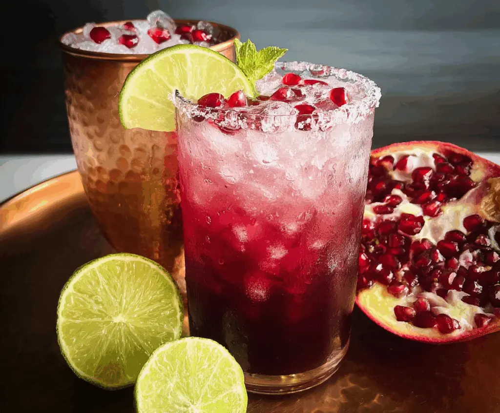 Refreshing Pomegranate Mule cocktail with fresh pomegranate seeds and mint garnish in a clear glass.