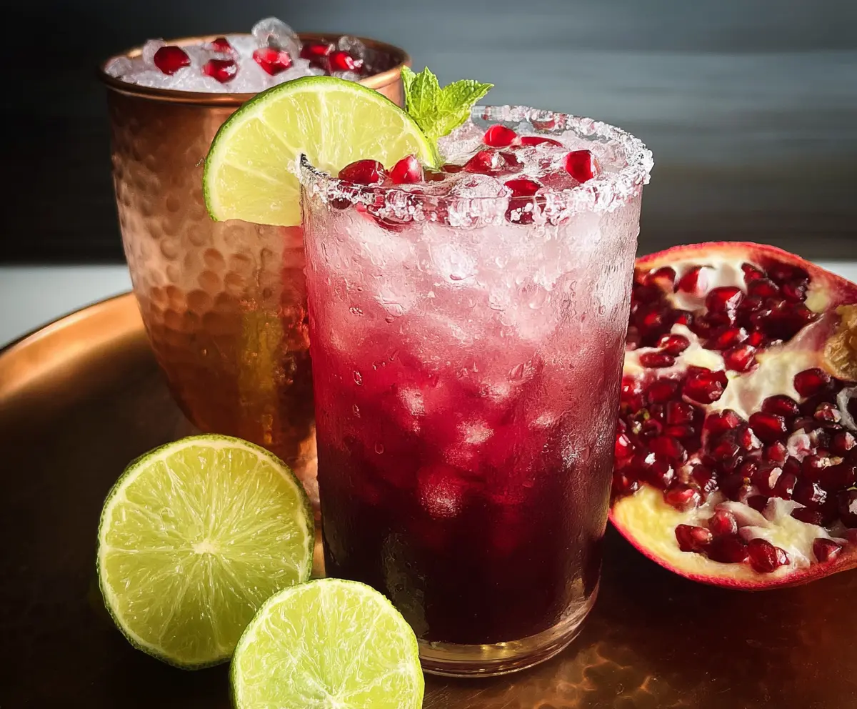 Refreshing Pomegranate Mule cocktail with fresh pomegranate seeds and mint garnish in a clear glass.