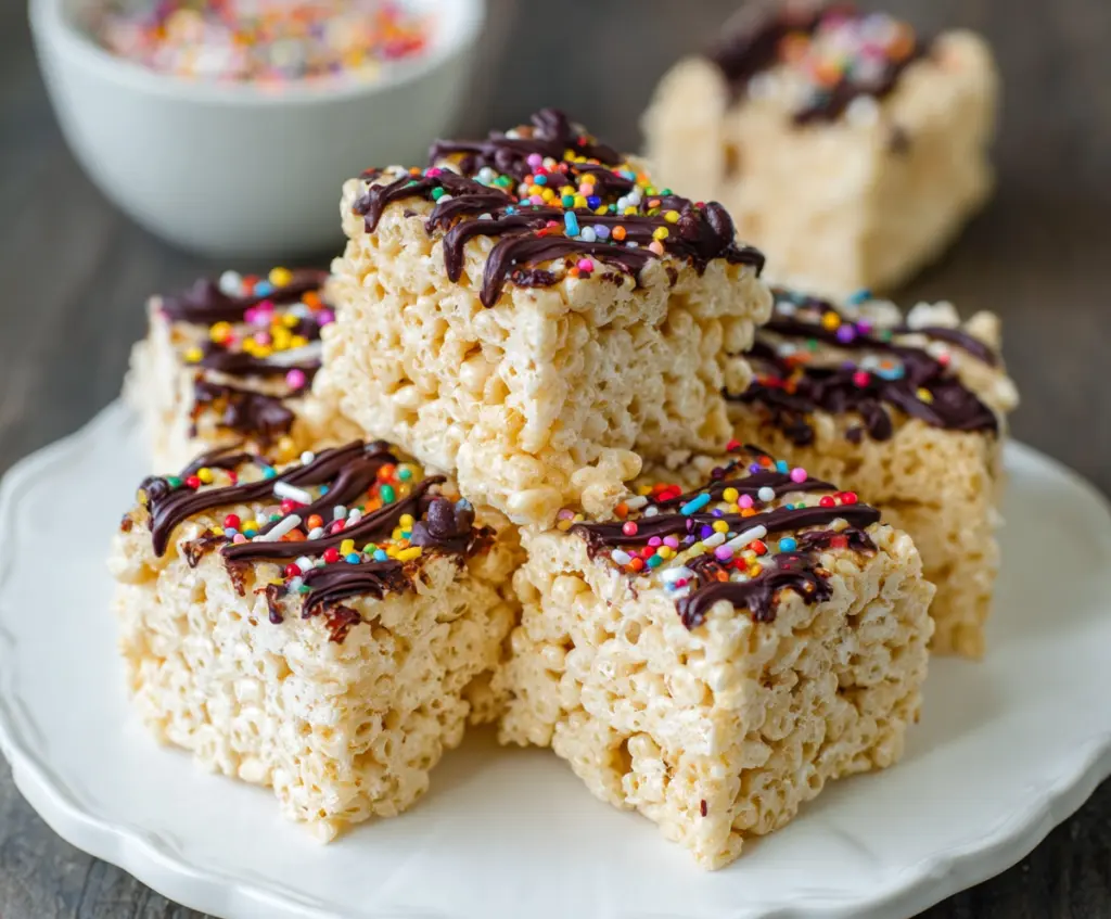 Healthy protein rice krispie treats with marshmallows and nuts on a plate.