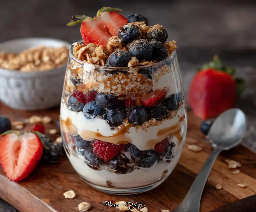 Healthy protein yogurt parfait layered with fresh fruits and granola in a glass bowl.