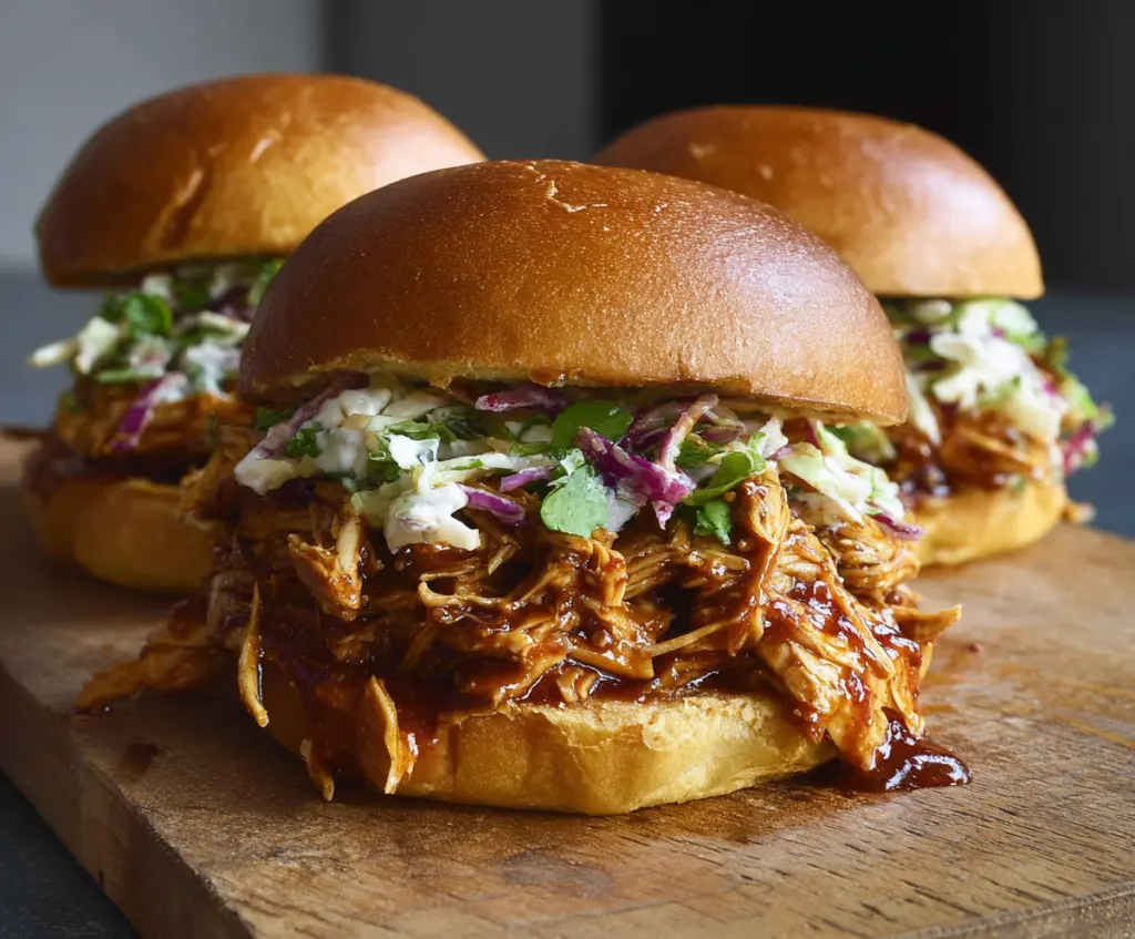 Delicious pulled chicken sandwiches topped with fresh lettuce and tangy sauce on a sandwich bun.