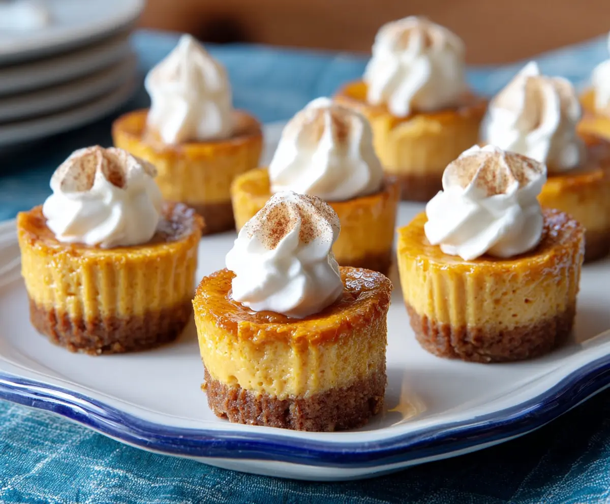 Delicious pumpkin cheesecake bites with a creamy filling and graham cracker crust, perfect for fall desserts.