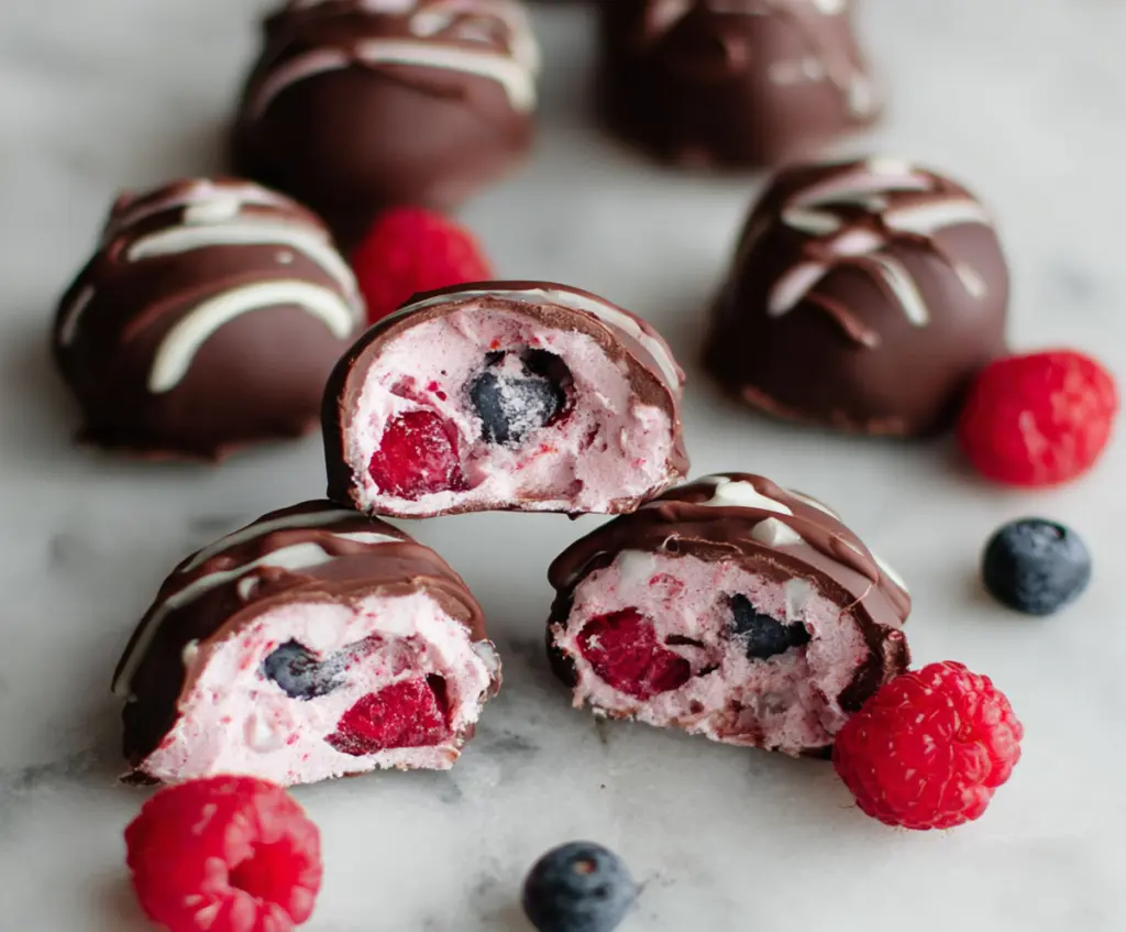 Delicious Raspberry Dark Chocolate Yogurt Bites garnished with fresh raspberries.