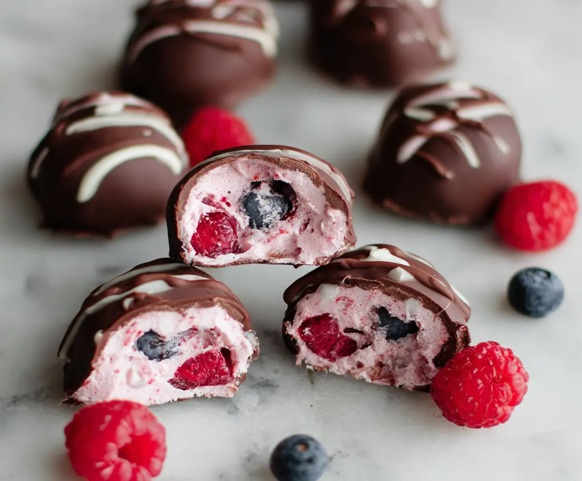 Delicious Raspberry Dark Chocolate Yogurt Bites garnished with fresh raspberries.