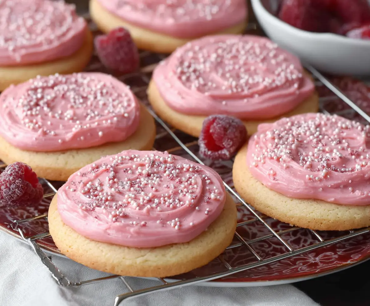 Delicious Raspberry Frosted Sugar Cookies with vibrant pink icing and sprinkles.