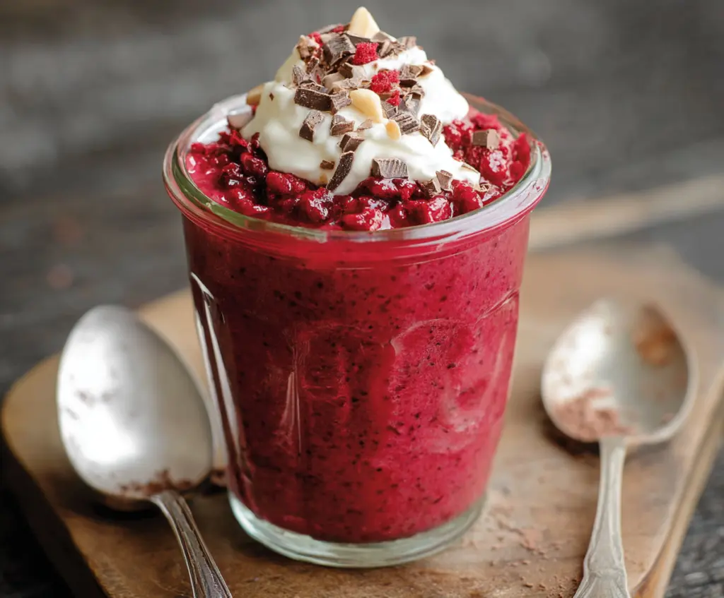 Creamy red velvet overnight oats topped with fresh strawberries and cream for a delicious breakfast.